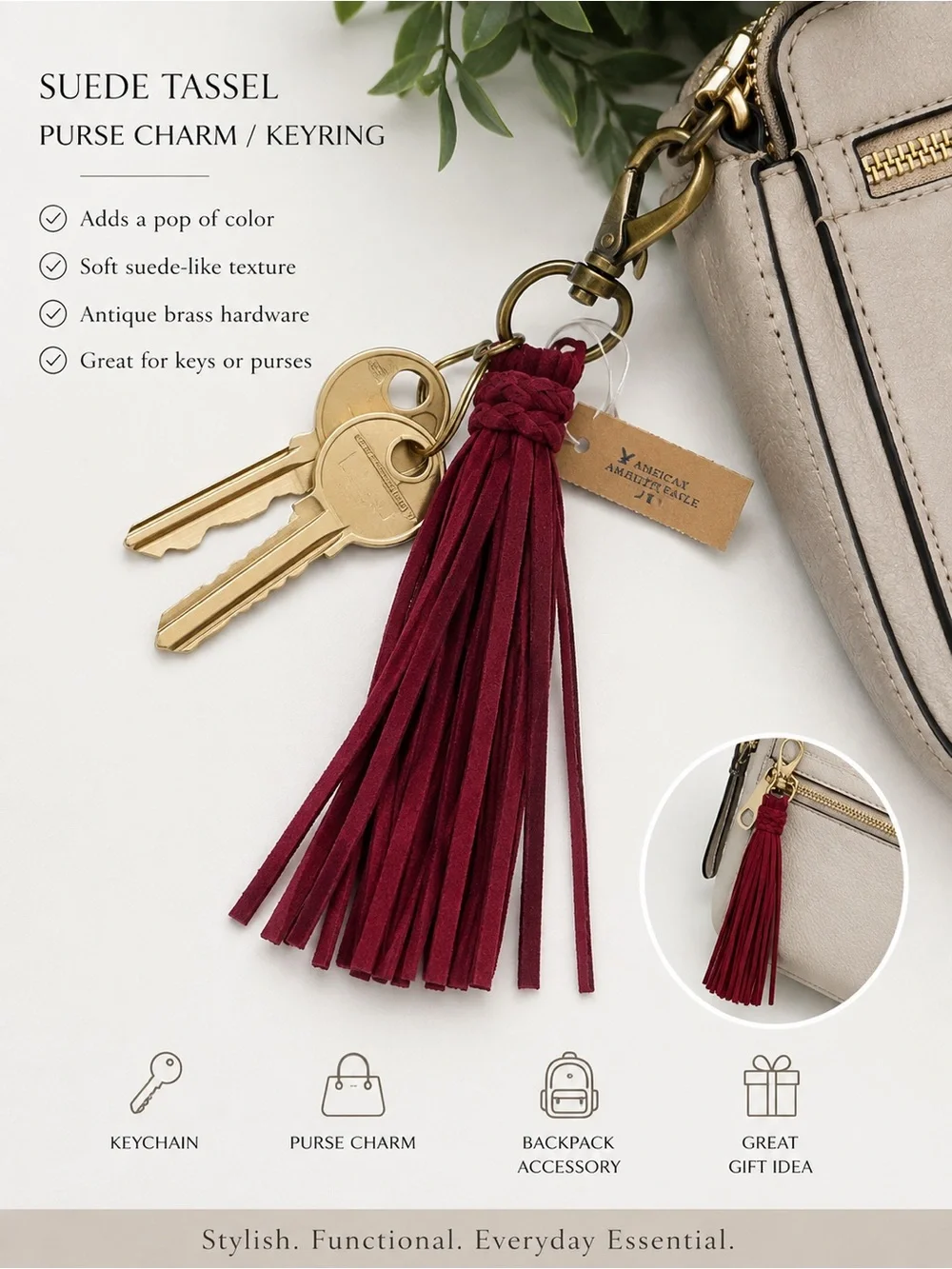 4/$23 American Eagle Burgundy Suede Tassel Purse Charm Keyring (BR-1212/5)